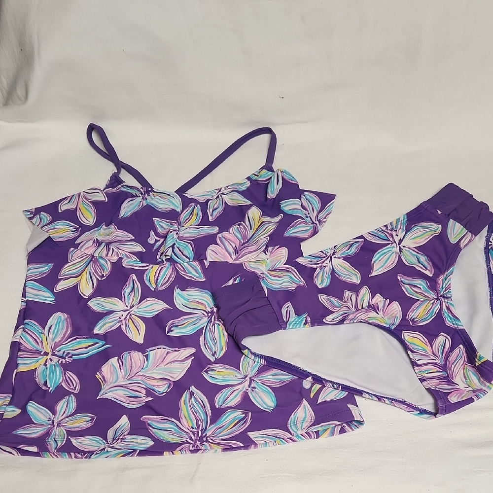 Purple and Blue Floral Bikini Set with Adjustable Straps